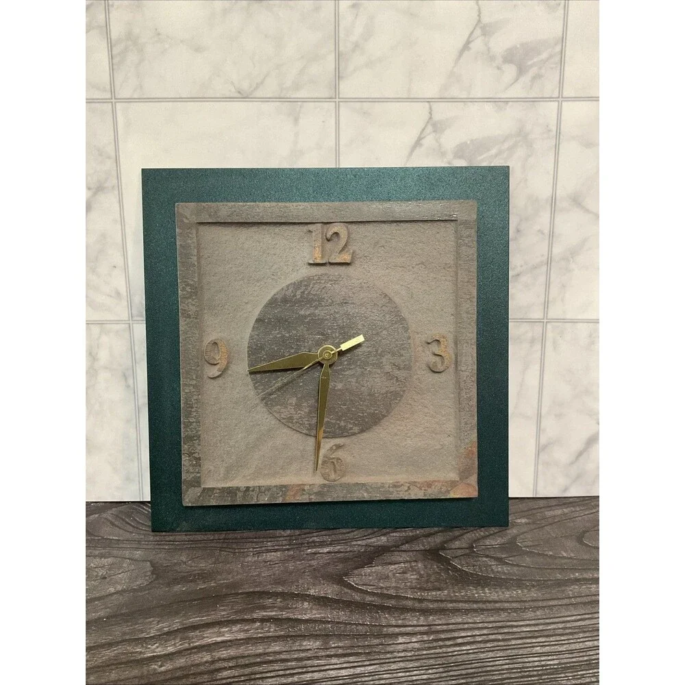 Rustic Slate,metal Clock W/ Green Border, Brownish Face,gold Brass Clock Hands